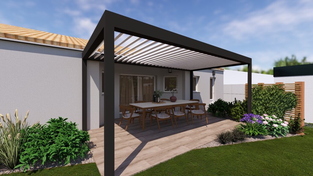 Pergola bioclimatique en aluminium gris anthracite installée sur une terrasse, avec lames orientables pour réguler la lumière et la ventilation.