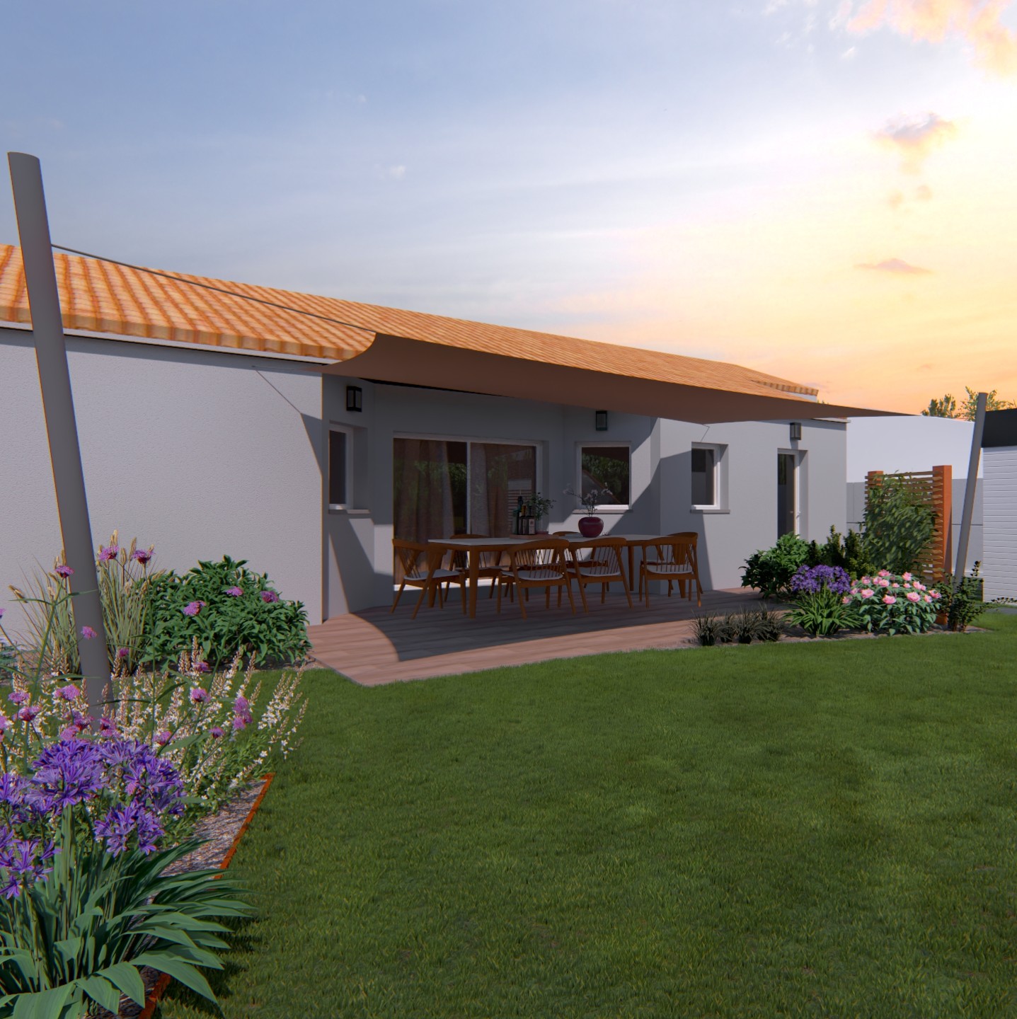 Voile d’ombrage beige installée au-dessus d’une terrasse, offrant une zone ombragée et élégante pour les repas en extérieur.