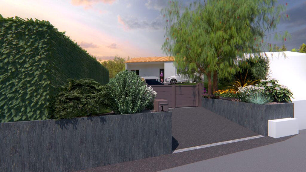 Vue 3D d’un aménagement d’accès véhicules avec muret de retenue en ardoise et portail contemporain devant une habitation.